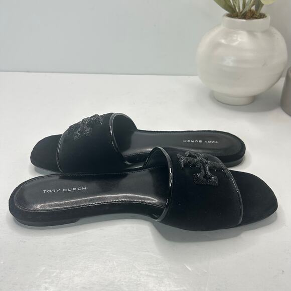 Tory Burch Eleanor Pave Slides Slip On Velvet Sandal Black Women's US 8 M NWOB - Picture 6 of 9